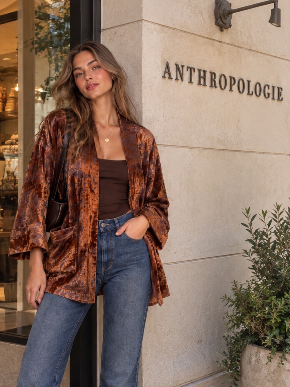 Anthropologie Burnout Velvet Kimono Jacket Rust Brown Floral Size M